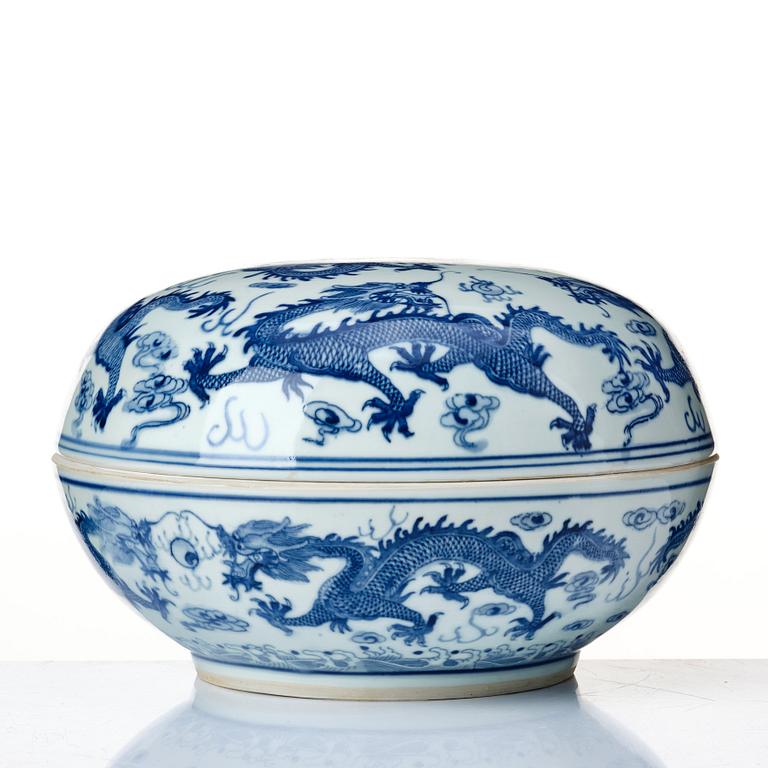 A blue and white five clawed dragon bowl, China, presumably Republic with Guangxu mark.