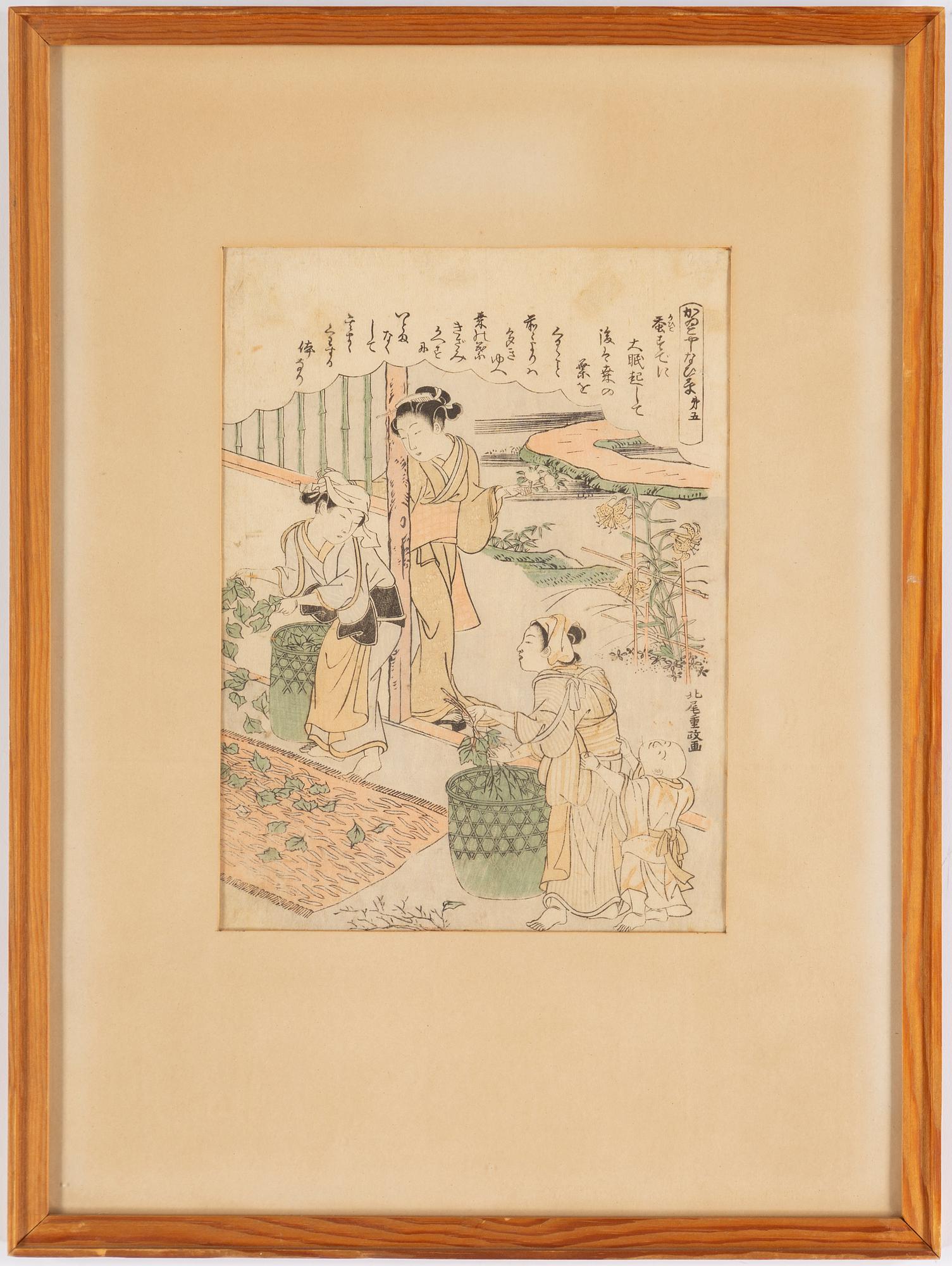 KITAGAWA UTAMARO, samt KATSUKAWA SHUNSHO, efter. Färgträsnitt, två stycken. Japan, sent 1800-tal/tidigt 1900-tal.