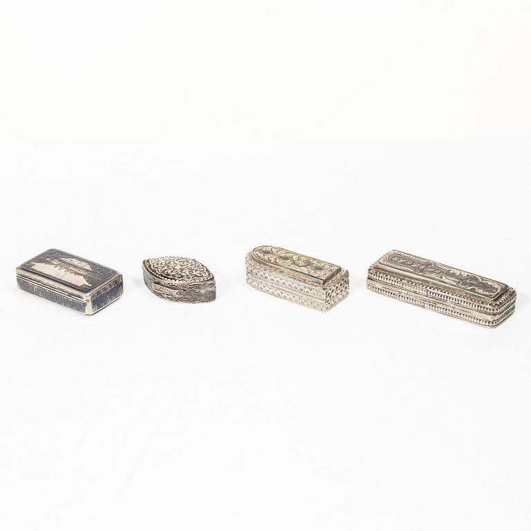Boxes, 4 pcs, silver and niello, including Moscow, Russia 1873.
