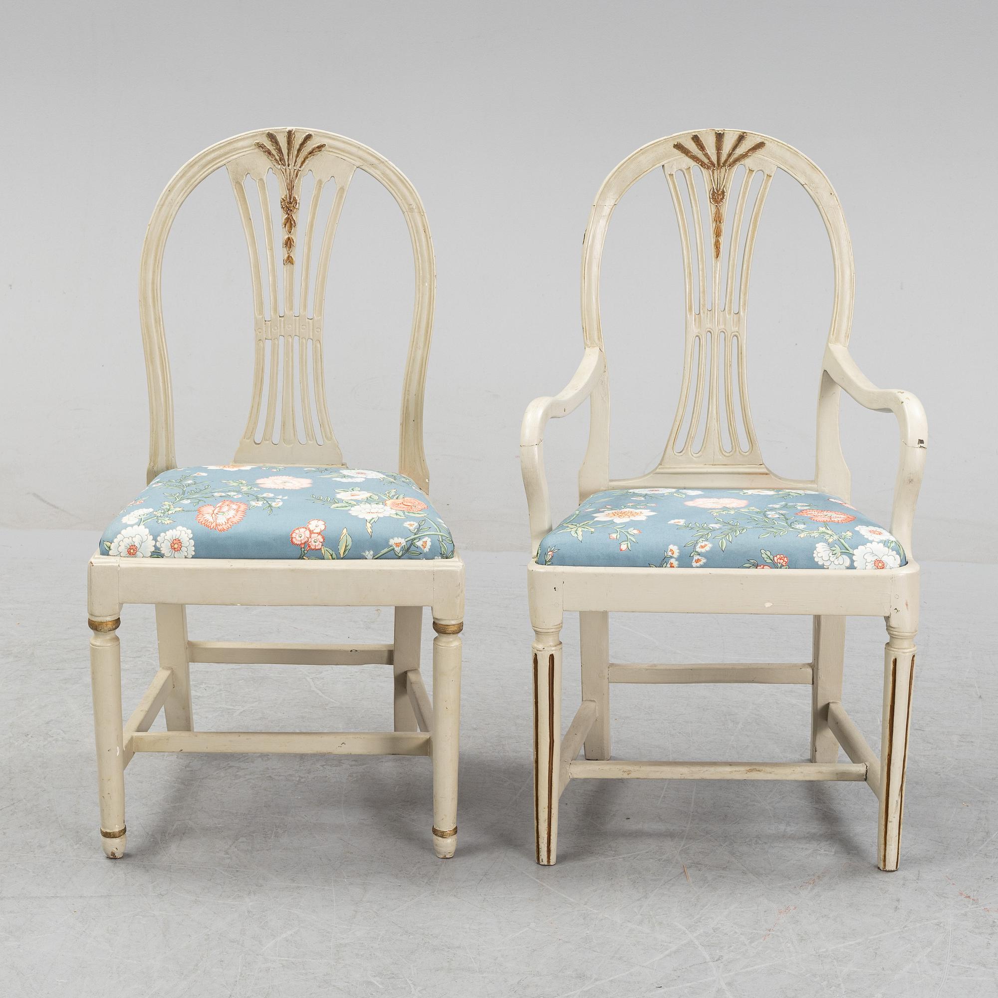 A Gustavian chair and armchair, end of the 18th Century.