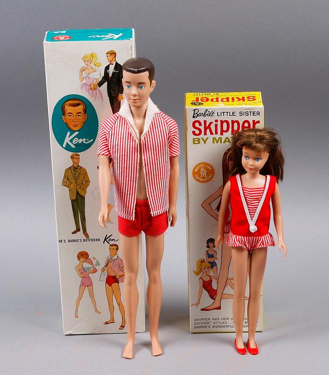 BARBIEDOCKOR, 2 st, plast, Skipper och Ken, Mattel, 1960-tal.