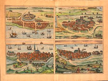 Georg Braun & Franz Hogenberg, four Swedish cities, hand colored engravings, Cologne 1588.