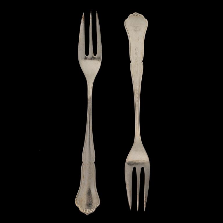 TÅRTGAFFLAR, 38 st, nysilver, "Chippendale" Sorsakoski, Finland 1900-talets senare hälft.