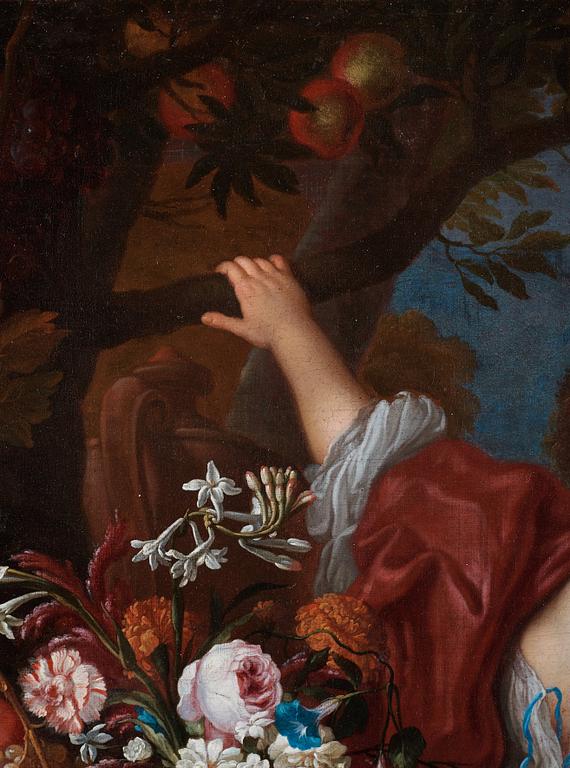 Abraham Brueghel & Guillaume Courtois Tillskriven, Allegorisk kvinnofigur med blommor och frukter.