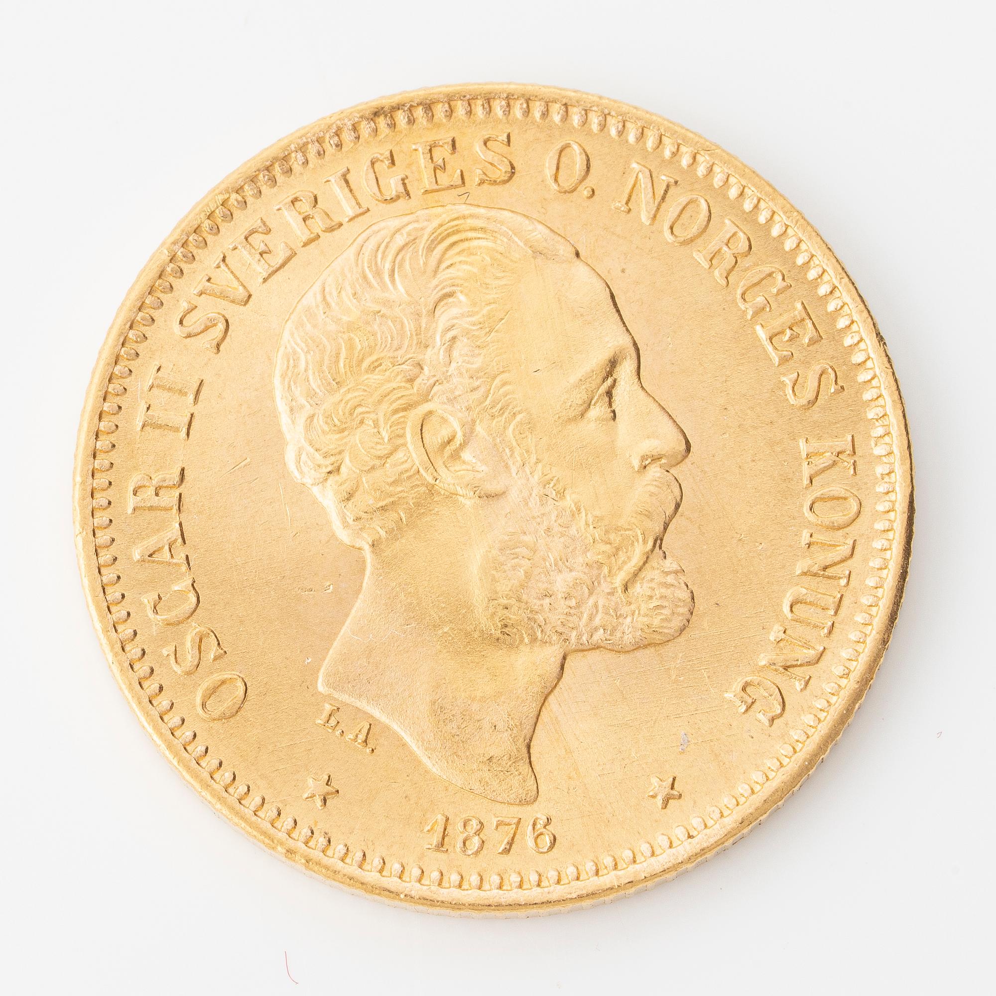 Gold coin, Oscar II, 20 kronor, type II, Sweden 1876.