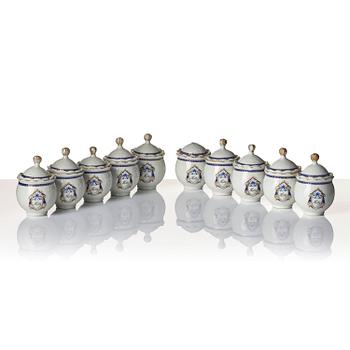 A set of 10 'European Subject' custard cups with covers and a coffeepot with cover, Qing dynasty, Jiaqing (1796-1820).