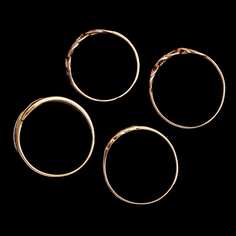RINGAR, 4 st, 18 k guld, 1900-talets andra hälft. Vikt ca 6 gram.