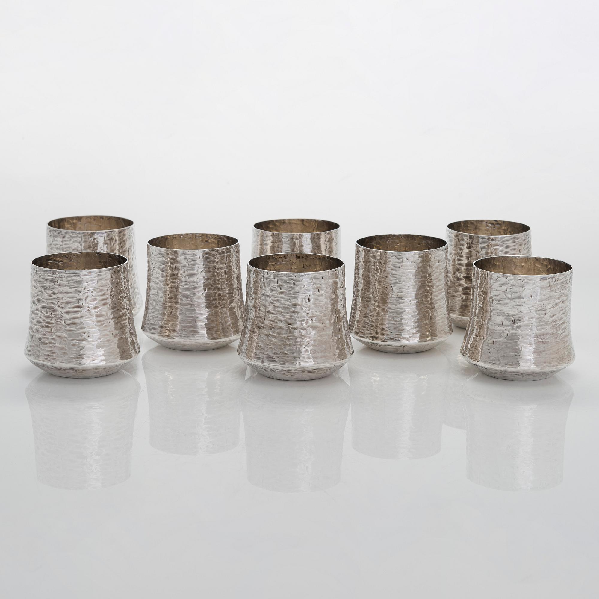 Tapio Wirkkala, a sterling silver pitcher with eight beakers, Hämeenlinna Finland 1973-1978.