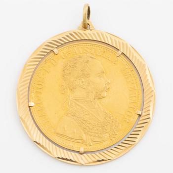 Gold coin. Austria-Hungary, 4 Ducat 1915, later striking, mounted as a pendant.