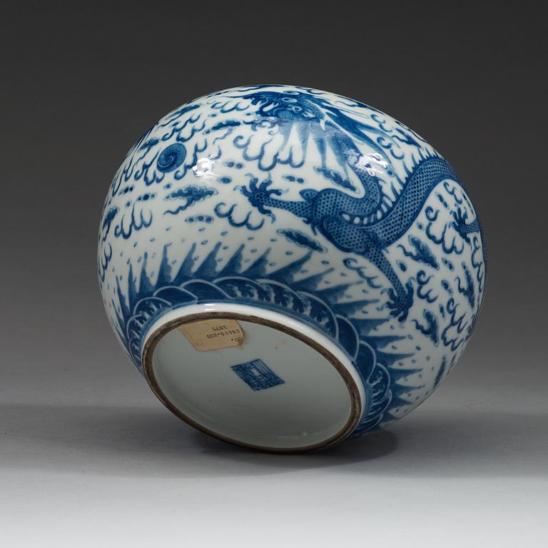 A blue and white dragon jar, Qing dynasty with Qianlong mark.