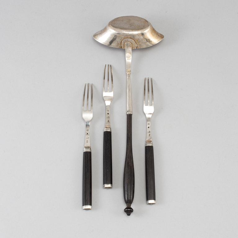A Swedish 18th century siver sauce ladle and three forks, unidentified makers mark, Stockholm 1778.