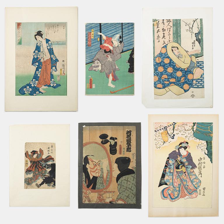 A group of six Japanese woodblock prints, including works by Utagawa Kunisada.