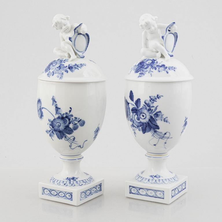 A pair of 'Blå Blomst' porcelain lidded urns, Royal Copenhagen, Denmark.