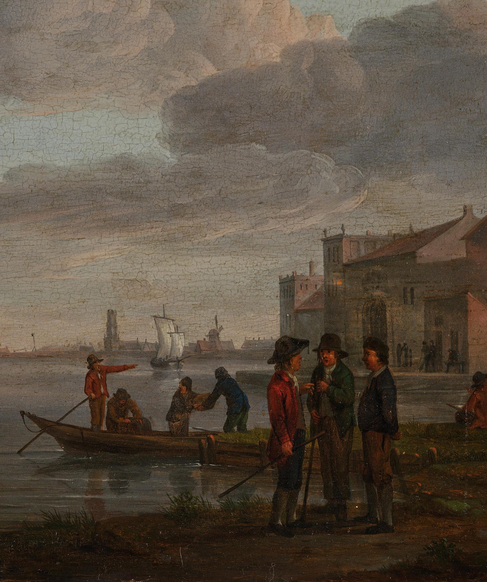 Marten Jacobus Waefelaerts, A river landscape with boats, figures, a castle and a town beyond.