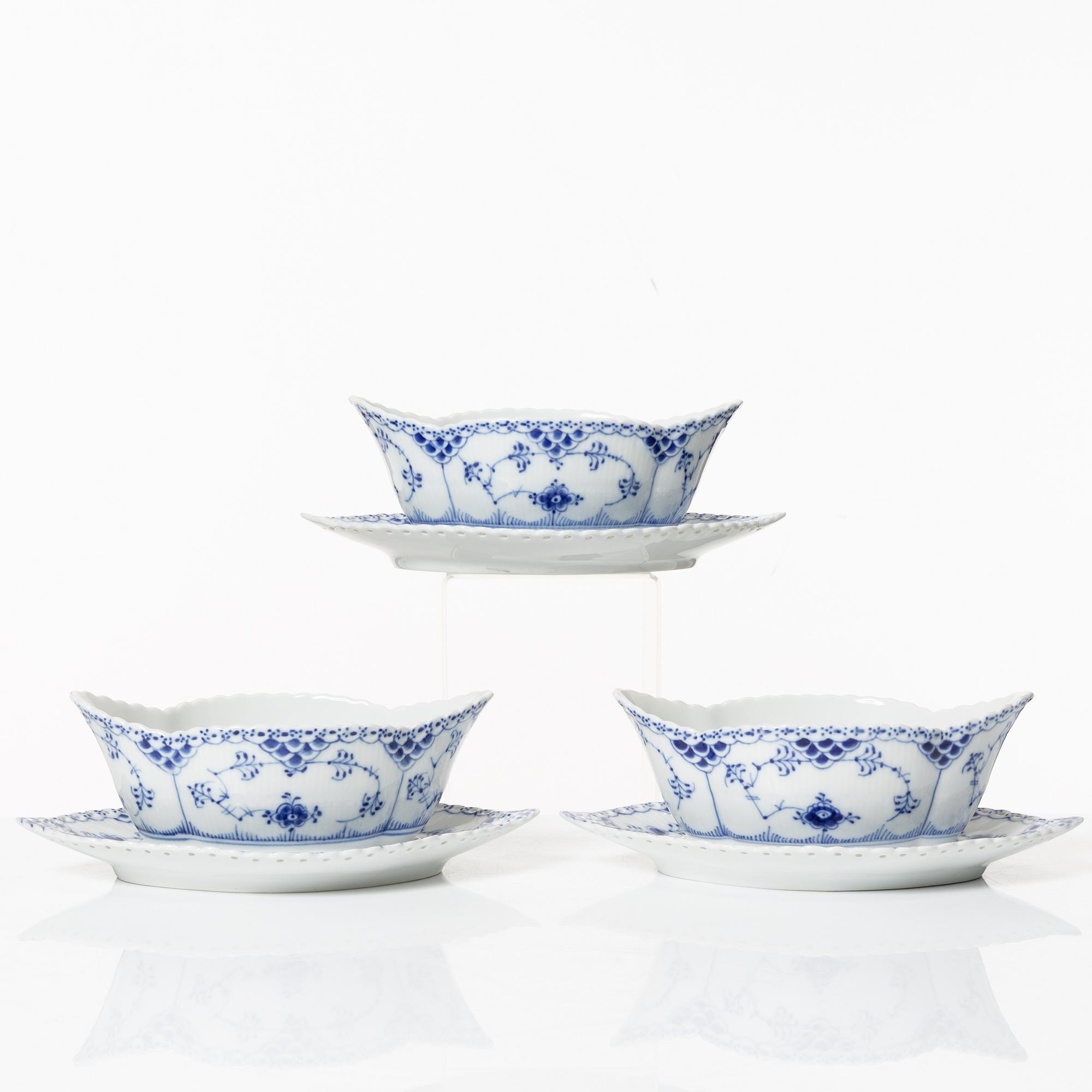 Royal Copenhagen, three sauceboats, 'Blue Fluted Full Lace', Denmark, 1979-83.