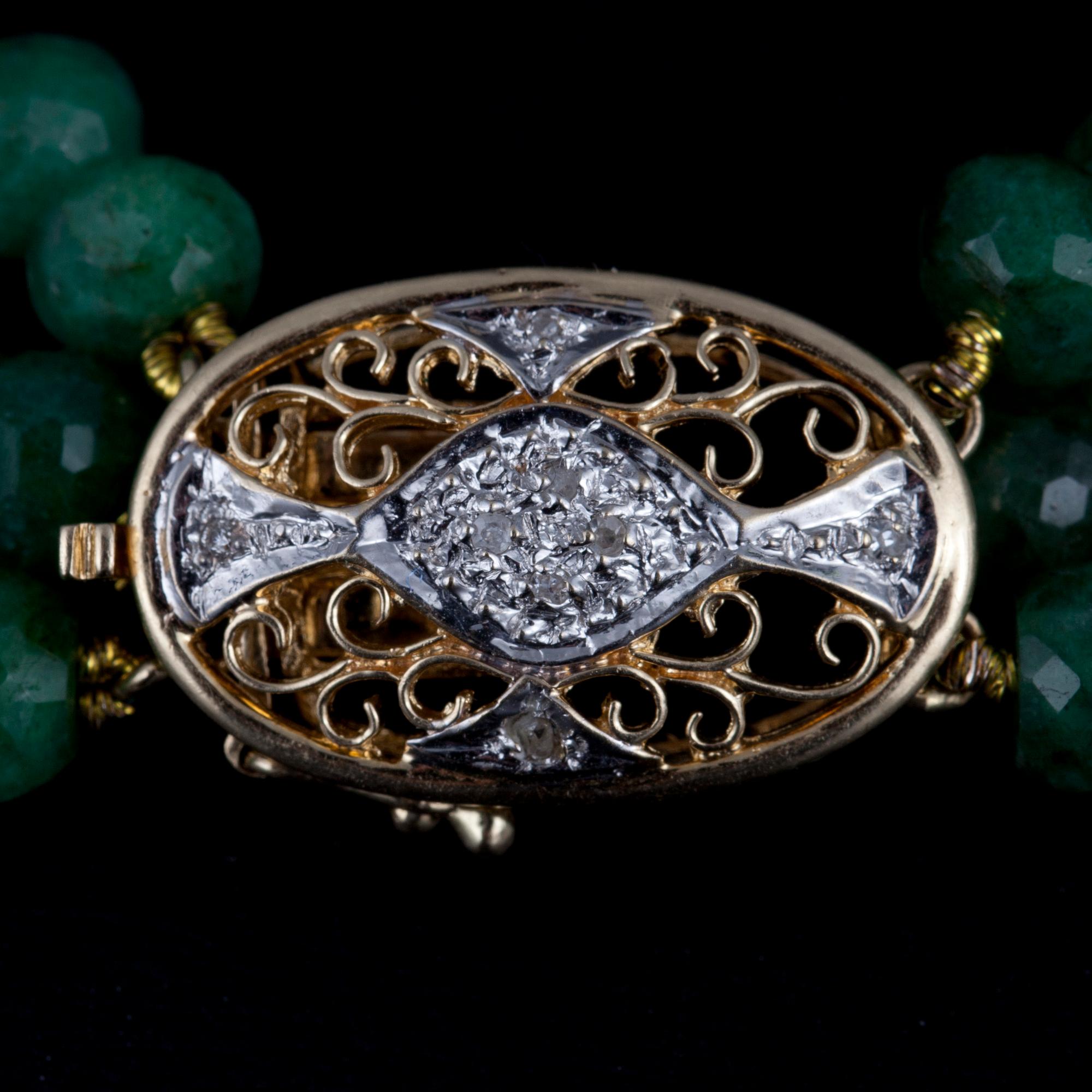 HALSSMYCKE, fasettslipade beryller, låset av guld 14K, små diamanter. 1900-talets slut.