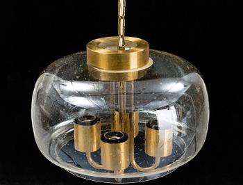 A 1960/70s glass and brass ceiling lamp.