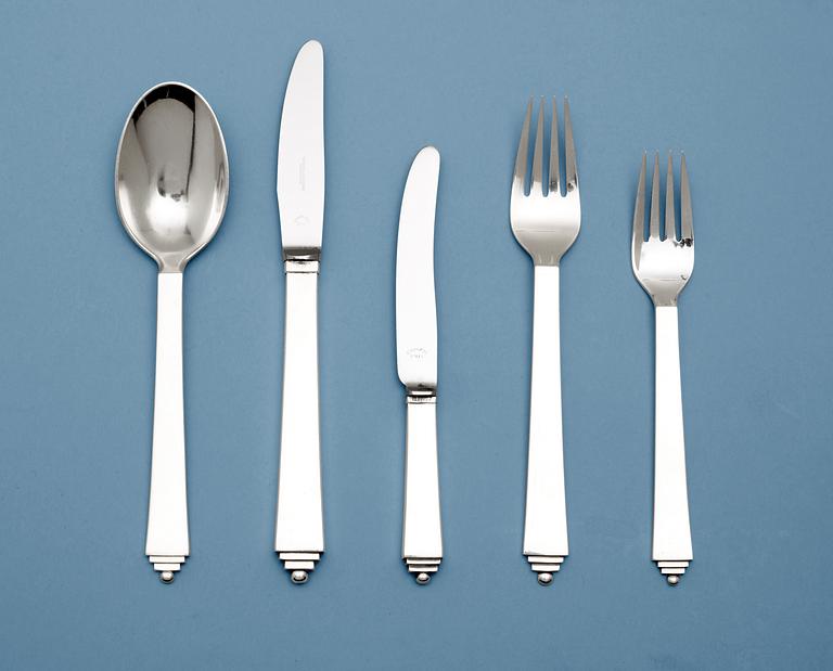 A set of 22 pcs Harald Nielsen's 'Pyramid' flatware by Georg Jensen, Copenhagen 1925-77.