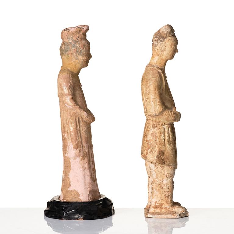 Two yellow glazed pottery figures, Tang/Sui dynasty.