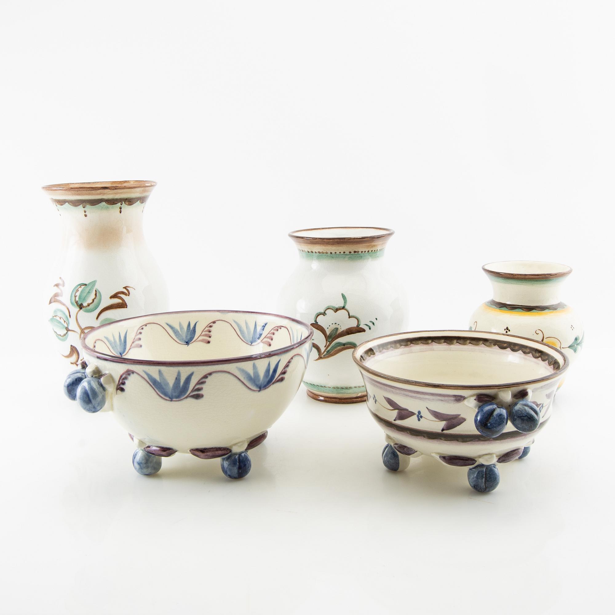 Ilse Claesson, vases 3 pcs and bowls 2 pcs Rörstrand, first half of the 20th century.