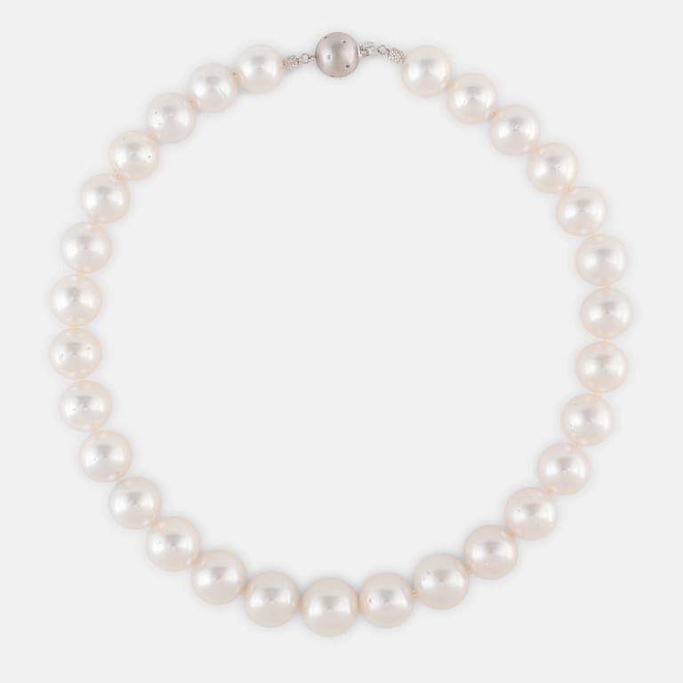 A cultured South Sea pearl necklace with clasp in 18K white gold set with round brilliant-cut diamonds.