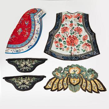 A group of five embroidered silk items, late Qing dynasty, early 20th century.