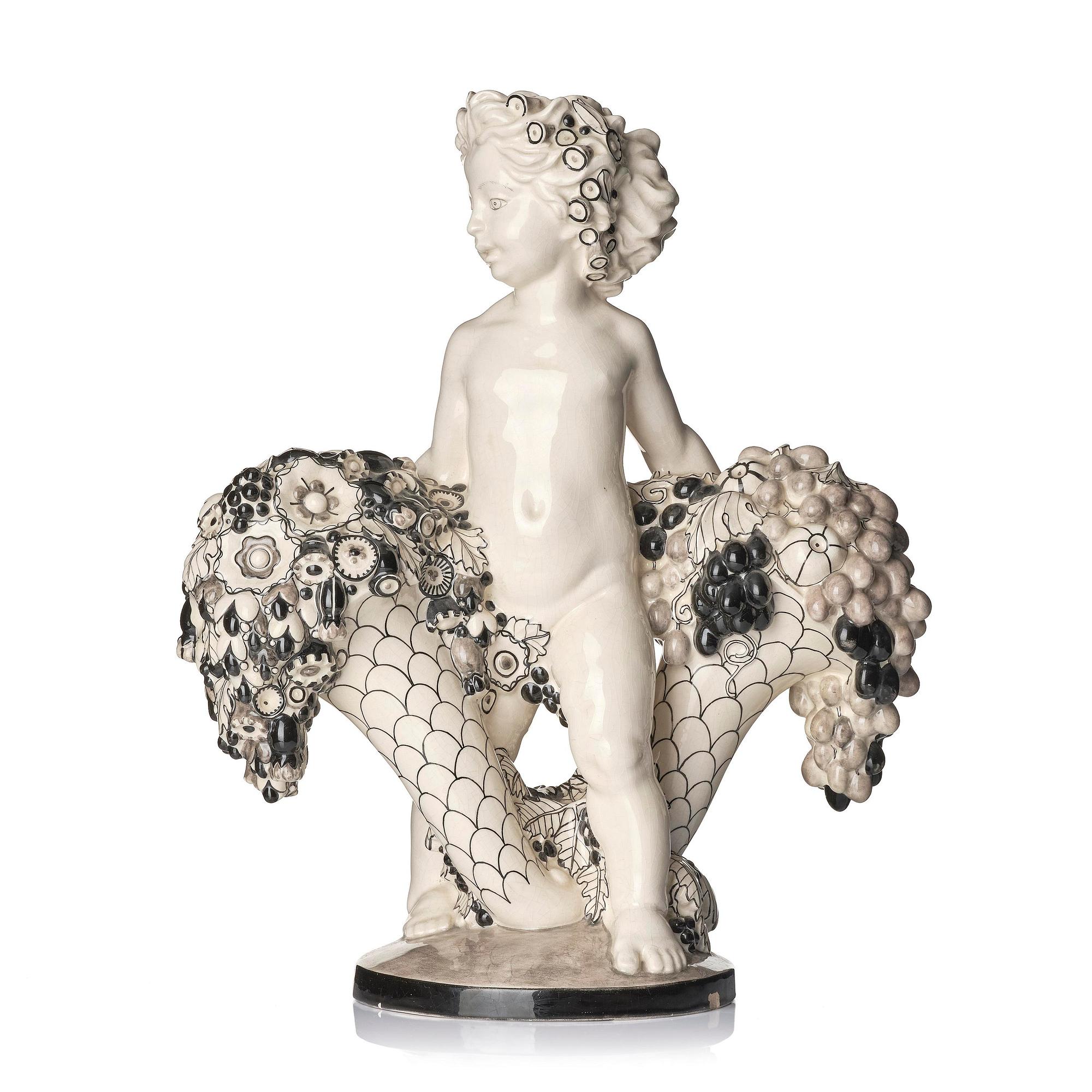 Bertold Löffler, a ceramic sculpture of a putto with cornucopia, model 156, Wiener Keramik, Vienna, Austria, 1908- 1912.