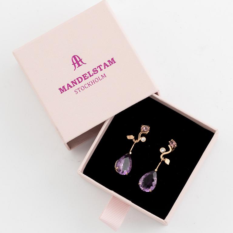 Pear shaped amethyst, pink tourmaline and brilliant cut diamond earrings.
