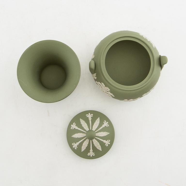 A collection of boxes, plates, and a vase 9 dlr mostly Wedgwood England 20th century jasperware.