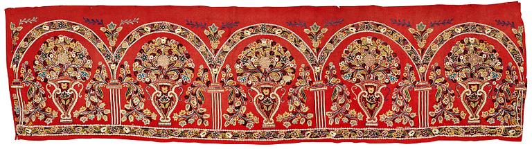 AN EMBROIDERY, antique Rascht, Persia (Iran), late Qajar dynasty, ca  55 - 57,5 x 209,5 - 215 cm.