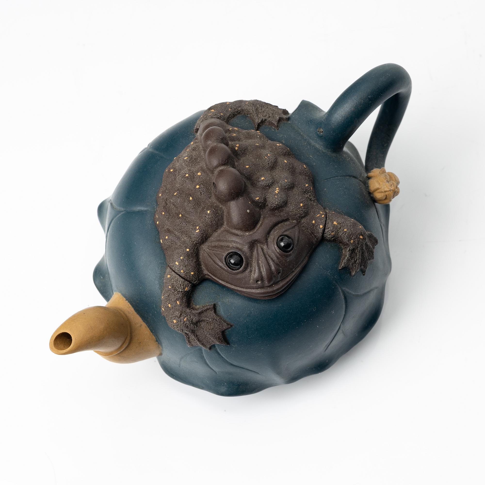 A poychrome yixing 'three legged toad' / 'Jin Chan' teapot, China, 1990s.