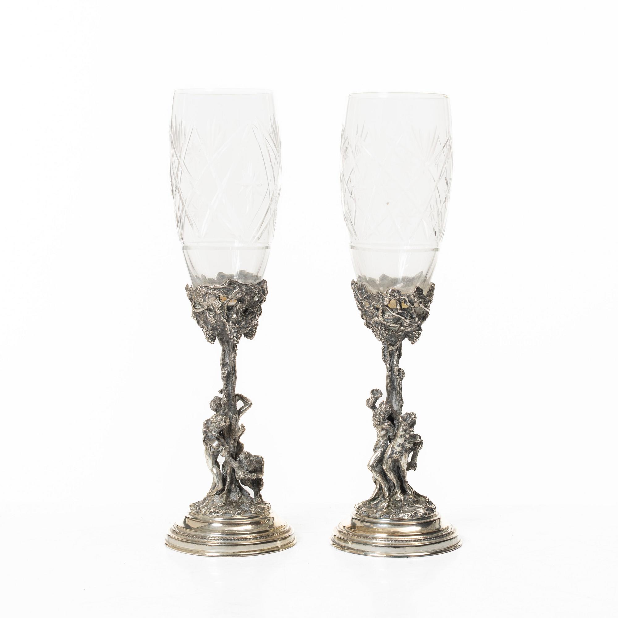 Champagne glasses, a pair, silver and glass, 20th century.