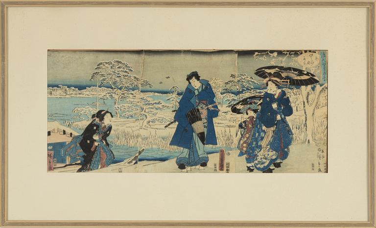 Utagawa School, a set of three woodblock print triptychs, later part of the 19th Century.