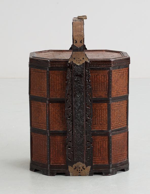 A Chinese 20th century wooden picnic basket.