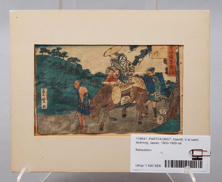 PARTI KONST, träsnitt, 5 st samt teckning, Japan, 1800-1900-tal.