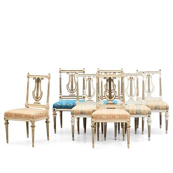 65. Seven matched Gustavian late 18th century chairs, (3+2+2) by Erik Öhrmark (master in Stockholm 1777-1813).