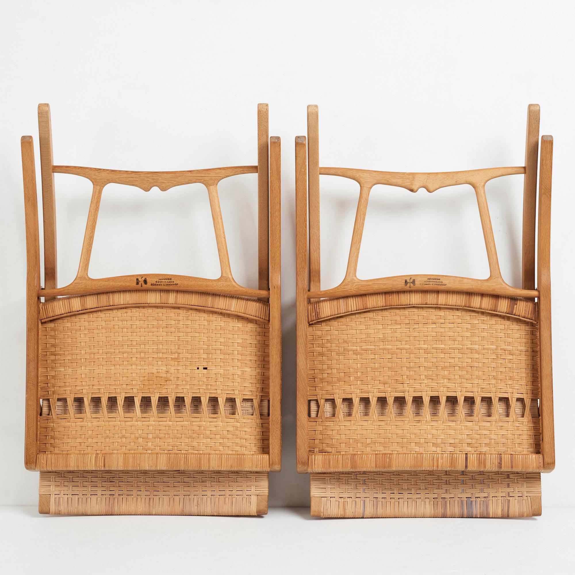 Hans J. Wegner, a pair oak and rattan "model 512" folding chairs by Johannes Hansen, Denmark 1950-60's.