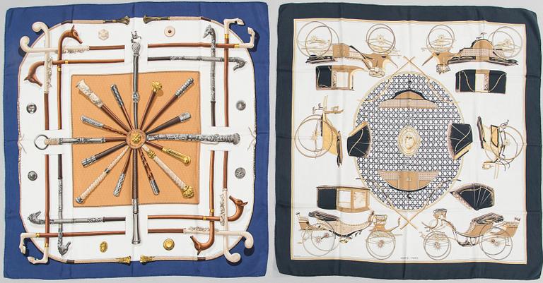 Hermès, two silk scarves, 'Cannes et Pommeaux' and 'Les Voitures a Transformation'.