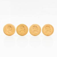 Gold coins, 4 pcs, 5-kronor, years 1874, 1883, 1901, Sweden, Oscar II.