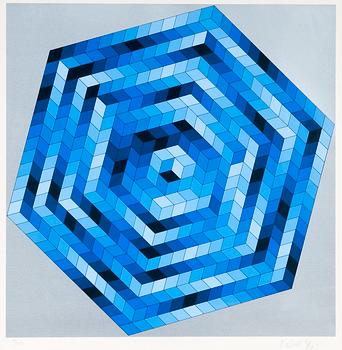 177. Victor Vasarely, SOMMITELMA SINISELLÄ JA HARMAALLA.