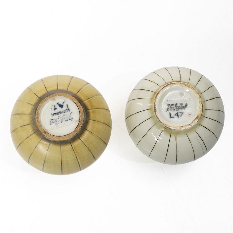 Gertrud Lönegren, Two 'Miranda' stoneware vases and a dish, Rörstrand, 1936-1941.