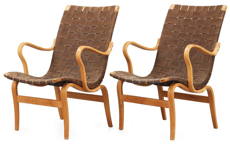 A pair of Bruno Mathsson easy chairs by Karl Mathsson, Värnamo Sweden 1940-50's.