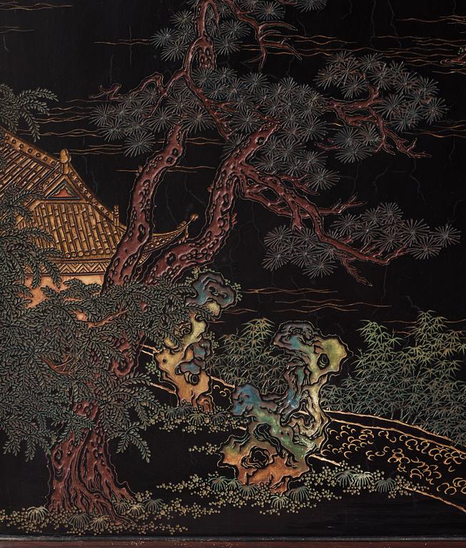 A set of four Chinese lacquer panels with wooden frames, early 20th century.