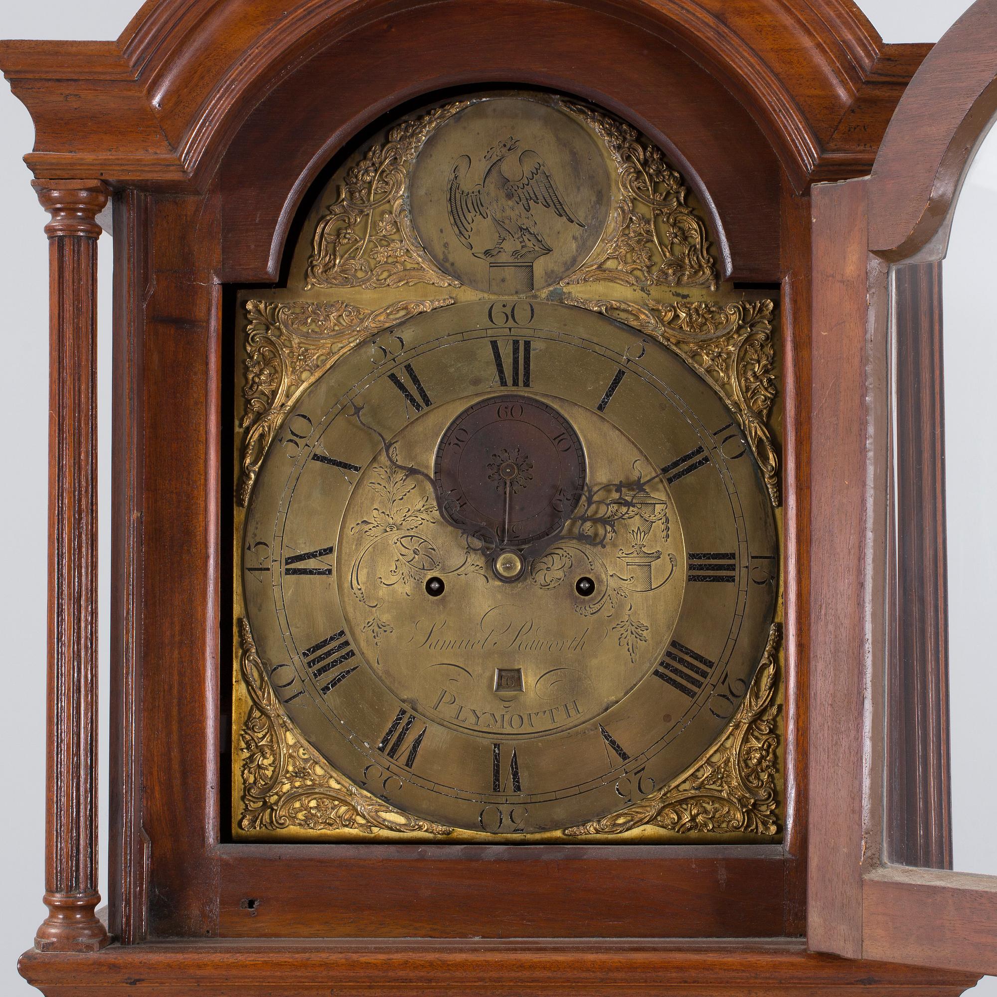 A Samuel Raworth mahogany long-case clock, Plymouth, England, late 18th Century.