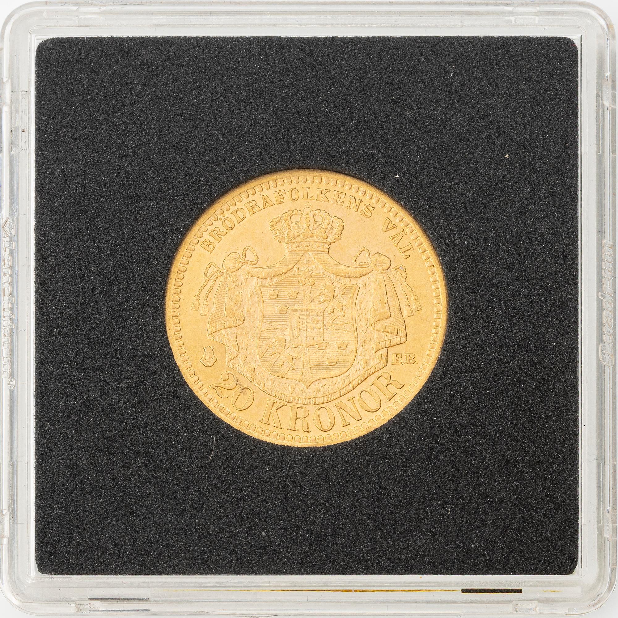 Guldmynt, Oscar II, 20 kronor, typ III, Sverige 1881.