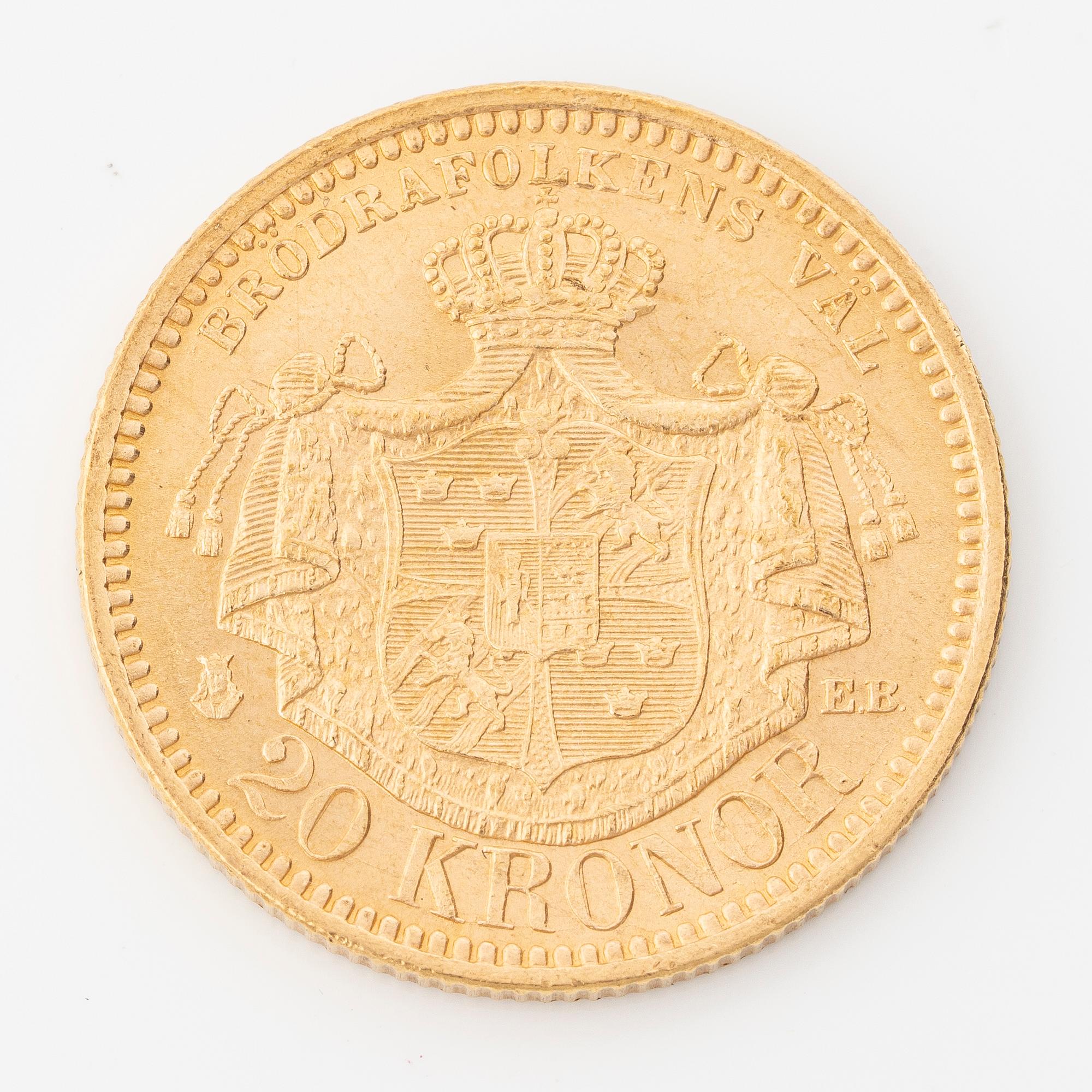 Gold coin, Oscar II, 20Kr, Type III, Sweden 1886.