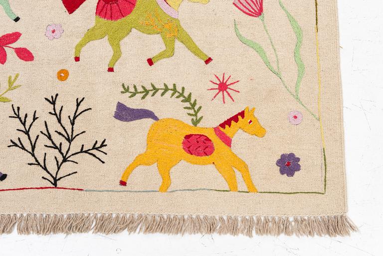 A hand-embroidered Kelim carpet, c. 208 x 150 cm.
