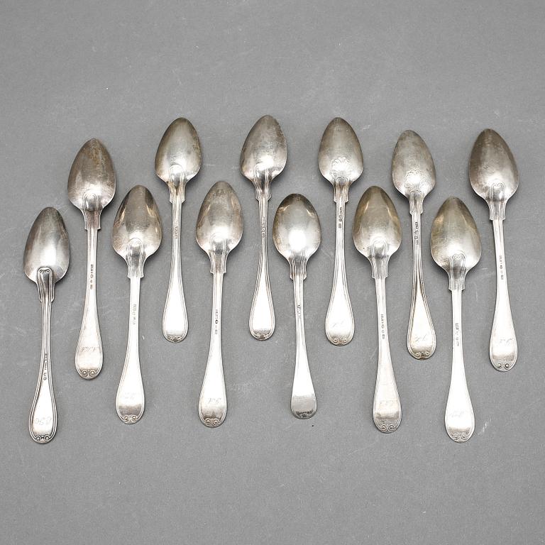 SKEDAR, 12 st, silver, "gammal fransk", bla Otto Wilhelm Kjellberg, Västerås, 1871. Vikt ca 190g.