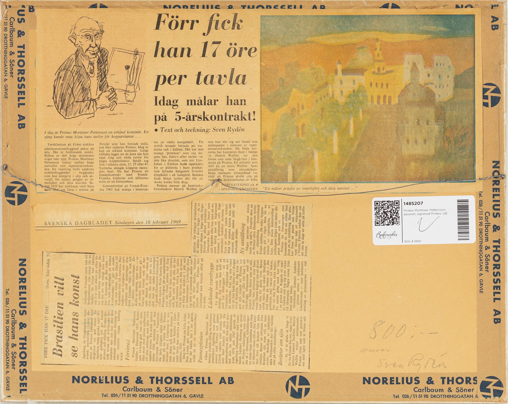 Primus Mortimer Pettersson, akvarell, signerad Primus.