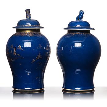 Two Chinese blue glazed vases with covers, Qing dynasty, Qianlong (1736-95).